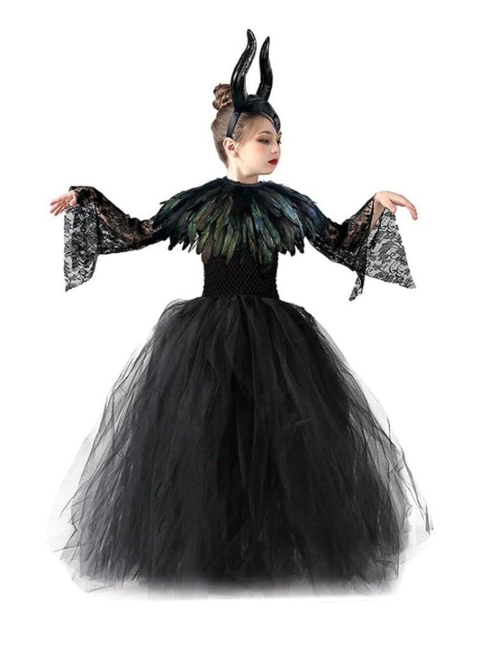 Dark Fairy Princess Dress Lace Tutu Tulle Dress With Horns Halloween Costume